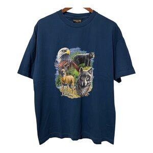 Vintage Marshlands Canada Wildlife Navy Blue T-Shirt Eagle Deer Wolf Bear Nature